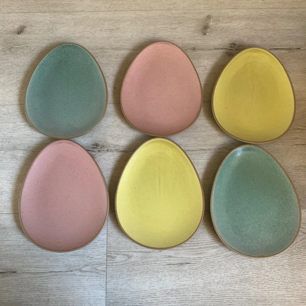 Threshold Egg Shaped Stoneware‎ Plates Set of 6 Pastel Easter Spring Speckled 8